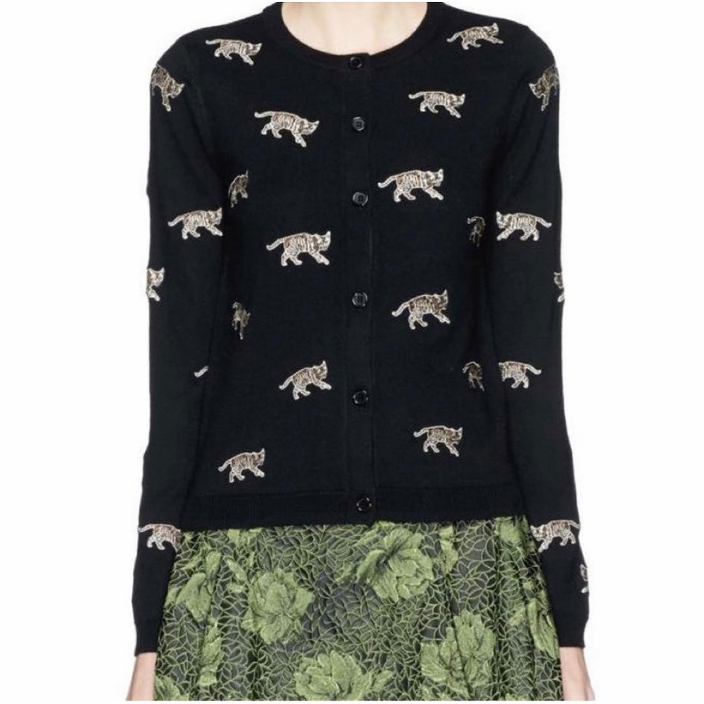 Alice + Olivia Sheila Bengal Cat Tiger Cardigan Sweater Embroidery Black Wool XS